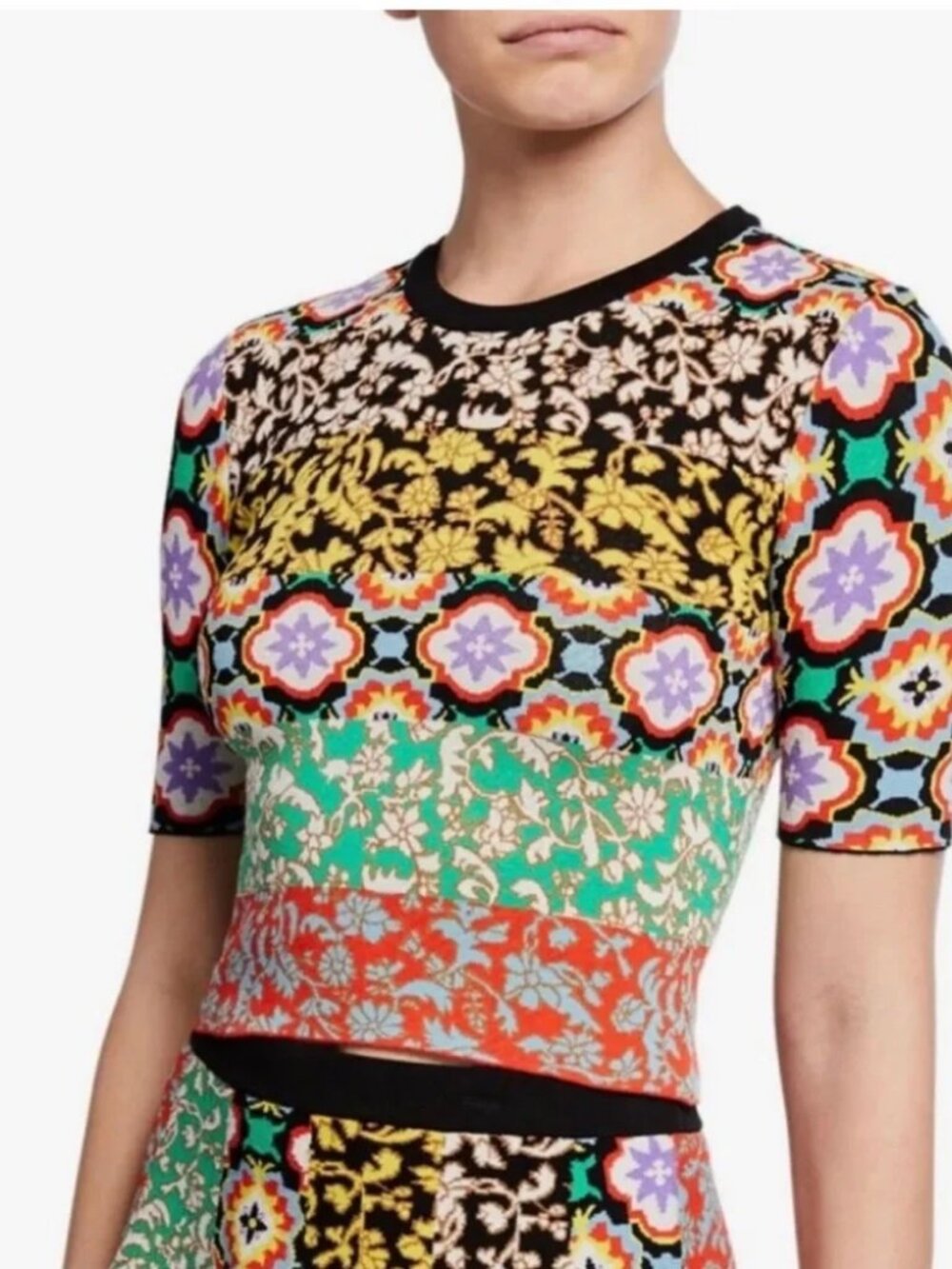 Womens Alice + Olivia Ciara Multicolor (Item-21) Short Slv Crop Floral Sweater S